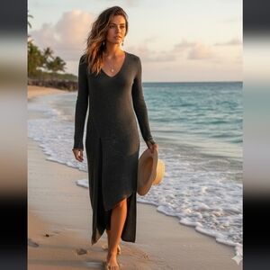 ZARA Knit Midi Dress Size M Charcoal Gray V-Neck Long Sleeve Asymmetrical